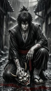 一個血淋淋的動漫武士跪在雨中，手持惡魔面具。