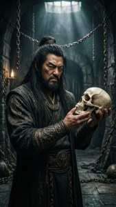 一個身穿暗色長袍的鬍鬚戰士在石造地牢中手持頭骨，周圍有懸掛的鎖鏈和火把光。