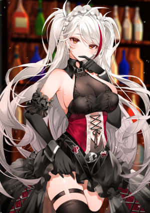 銀髮動漫女孩穿著黑色和紅色的服裝在酒吧裡擺姿勢。 — OnePlus Pad 壁紙
