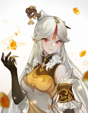 銀髮紅眼的動漫少女召喚發光金色水晶。 — 原神 壁紙