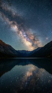 銀河系在星夜下倒映在山間湖泊中。