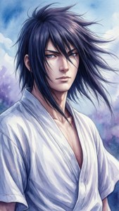 深色頭髮、眼神銳利的動漫男子，身穿白色長袍，背景陰天。