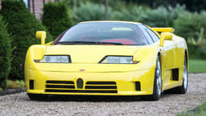 黃色 Bugatti EB110 Super Sport 停放在碎石上，背景有綠色灌木。 — 布加迪 GIF 壁紙