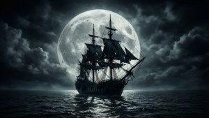 海盜船在夜間暴風雨的海上滿月下航行。