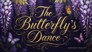金色草書文字 The Butterfly's Dance 以紫色紫藤和蝴蝶作為邊框。