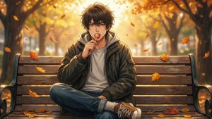 動畫男孩在公園長椅上吃棒棒糖，周圍有落葉。