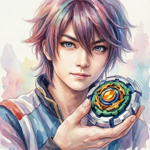 彩虹色頭髮的動漫男孩，以水彩風格拿著Beyblade玩具。 — Pixel Watch 3 壁紙