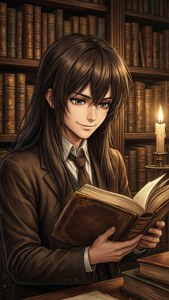 年輕動漫學者在燭光圖書館中閱讀，周圍有書架。