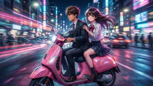 動漫情侶夜晚騎粉紅滑板車穿過霓虹城市