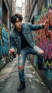 年輕男子穿著破洞牛仔褲和牛仔外套，在塗鴉小巷中手持噴漆罐擺姿勢。