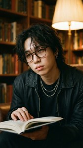 年輕男子在舒適的圖書館裡，在溫暖的燈光下閱讀書籍。