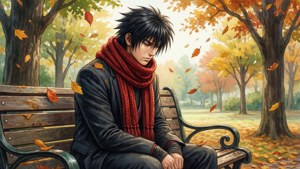 紅圍巾的年輕男子在秋葉飄落時獨自坐在公園長椅上。 — ROG Ally 壁紙