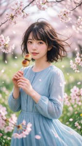 藍裙年輕女子在櫻花下拿著糰子的春日花園。