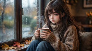 年輕女性穿著舒適毛衣，在雨窗邊拿著冒熱氣杯子，伴有秋葉。