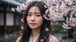 一位穿著粉紅色和服的女子站在雨中的櫻花下。