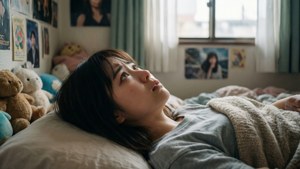 青少年在臥室裡被絨毛玩具和海報包圍，看起來若有所思。