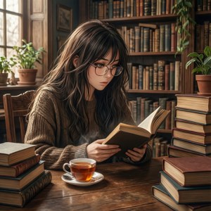 年輕女性在舒適圖書館中，被書籍包圍，一邊看書一邊喝冒煙的茶。 — Pixel Watch 3 壁紙
