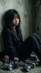 一位年輕女子獨自坐在破舊的牆邊，周圍是空汽水罐。