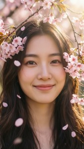 年輕女性在櫻花下微笑，花瓣在她周圍飄浮。