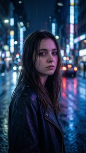 年輕女性穿著皮夾克站在夜晚下雨的霓虹城市街道上