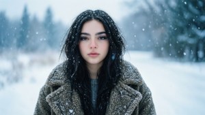 穿著冬季外套的年輕女子站在飄雪的森林中。