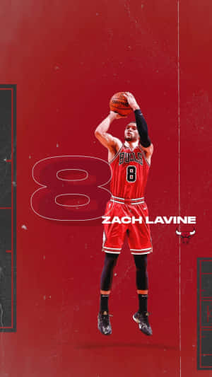 Zach LaVine 身穿紅色公牛隊8號球衣，跳起投籃。 — 芝加哥公牛 壁紙