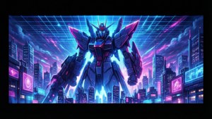 夜晚發光的未來城市中站立的巨型機器人。