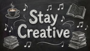 在黑板上用粉筆畫的「Stay Creative」，配有咖啡書和音符。