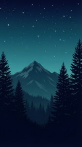 繁星點點的夜空，山峰與松樹剪影