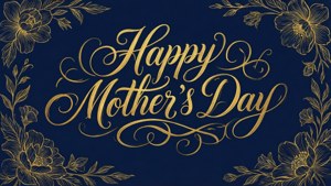 深海軍藍背景上金色字體和花卉邊框的Happy Mother's Day。