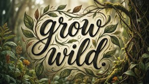 書法文字 grow wild 被森林樹葉和藤蔓框住。