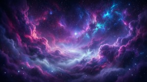 在廣闊的太空場景中，充滿活力的紫色和藍色宇宙星雲，帶有發光的星星。