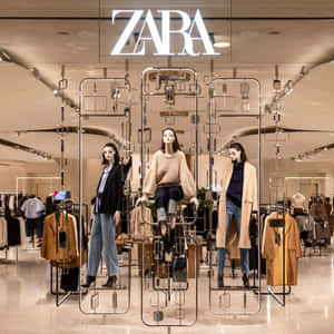 Zara 店內，人體模型穿著秋季時裝，在幾何金屬框架中展示。 — Zara 壁紙
