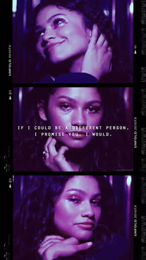 Zendaya 三個含淚特寫，紫色燈光，帶有疊加文字。 — 愉悅 壁紙