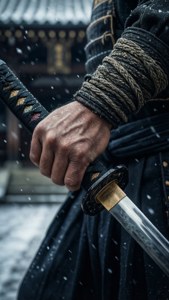 武士手在雪天中於寺廟附近持刀