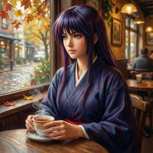 紫色和服女子在舒適的秋日咖啡窗前啜飲茶。