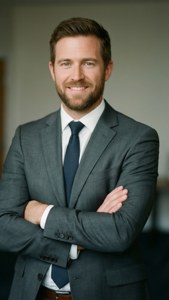 自信的商務人士穿著灰色西裝，在室內交叉雙手微笑。