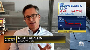 Zillow執行長Rich Barton在CNBC新聞中發言，附有股票圖表疊加。 — 房地產 壁紙