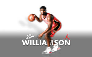 Zion Williamson 身穿紅色球衣運球，球上有Jordan標誌。 — 錫安·威廉森 壁紙