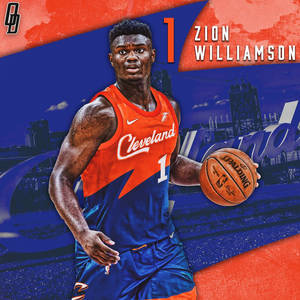 Zion Williamson 身穿克里夫蘭球衣，在城市圖形背景下手持籃球。 — 錫安·威廉森 壁紙
