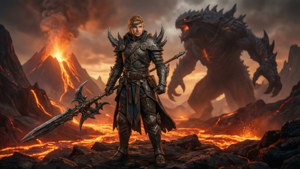 戰士手持帶刺劍在火山景觀中面對巨龍。 — 魔物獵人 世界 壁紙