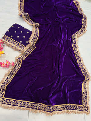 紫色天鵝絨服飾，帶有金色飾邊和花卉刺繡，與花朵一同展示。 — 3:4 壁紙