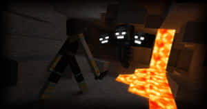 Minecraft玩家在黑暗洞穴的熔岩附近面對一隻苦力怕。 — 我的世界苦力怕 壁紙