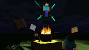 Minecraft角色在夜晚懸浮在營火上持劍