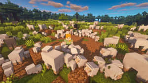 Minecraft玩家在有樹和藍天的草地上被羊包圍。 — 羊 壁紙