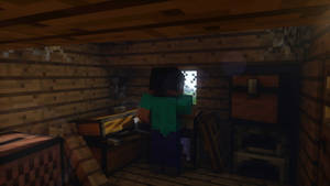 Minecraft角色在木造小屋內在黃昏時望向窗外 — 可愛 Minecraft 壁紙