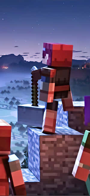Minecraft角色在黃昏時站在懸崖上，俯瞰著有發光燈光的霧谷。 — 1080x2340 壁紙