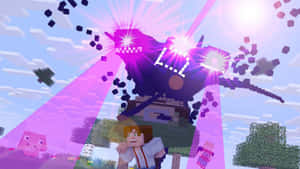 Minecraft玩家在像素世界中面對發光的紫色巨龍。 — 我的世界苦力怕 壁紙