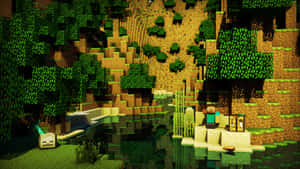 Minecraft玩家在河邊，附近有樹木和山丘，採用方塊像素藝術風格。 — 可愛 Minecraft 壁紙