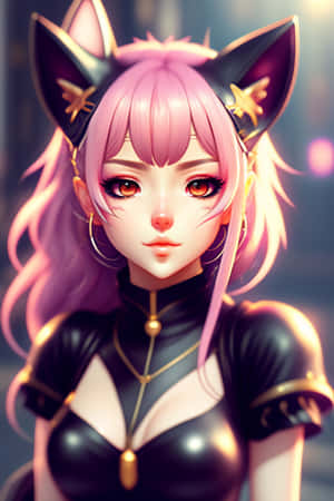 粉紅髮貓耳動漫女孩，穿著黑金服裝 — 小米Mix 壁紙